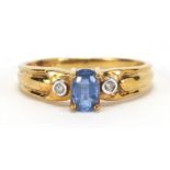 9ct gold blue topaz and diamond ring, size N, 2.3g :