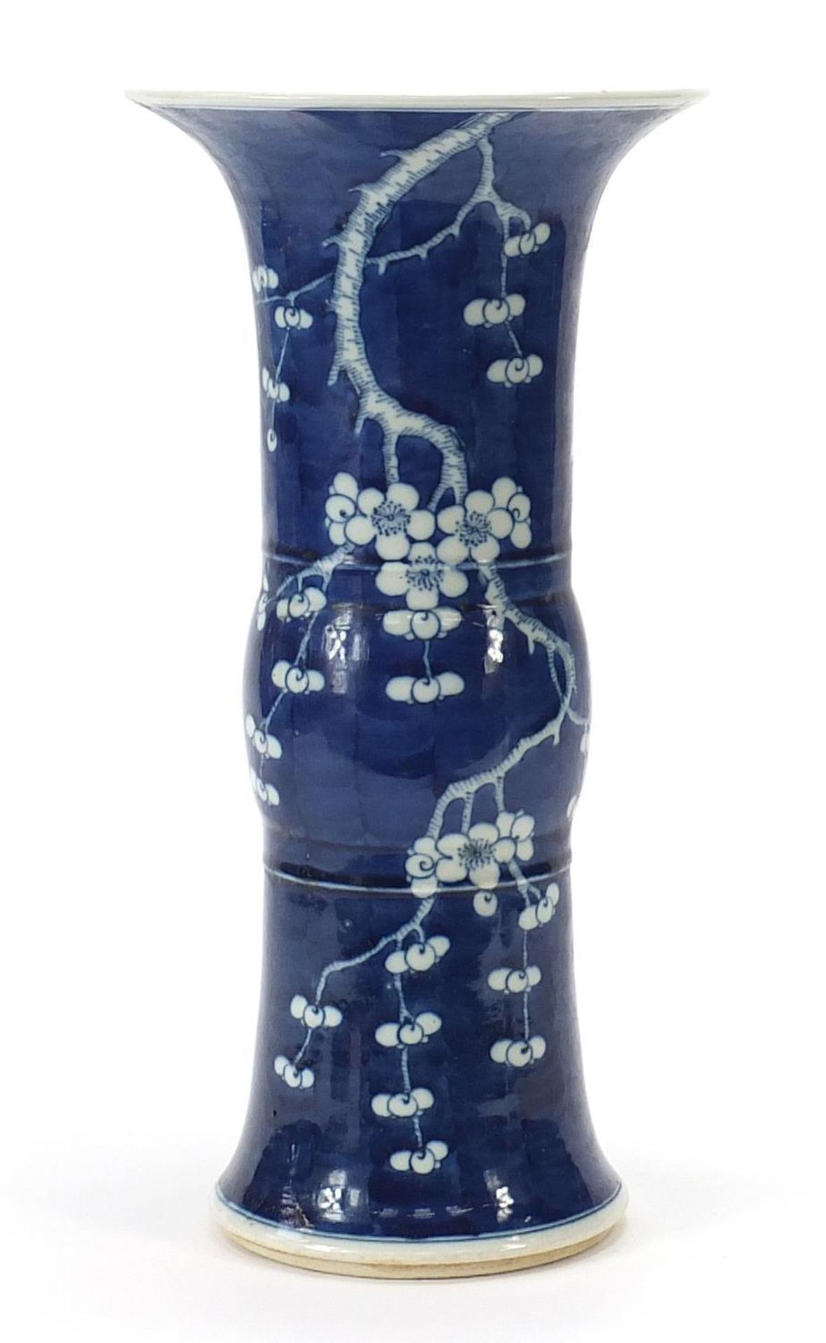 Large Chinese blue and white porcelain Gu beaker vase hand painted with prunus flowers, six figure