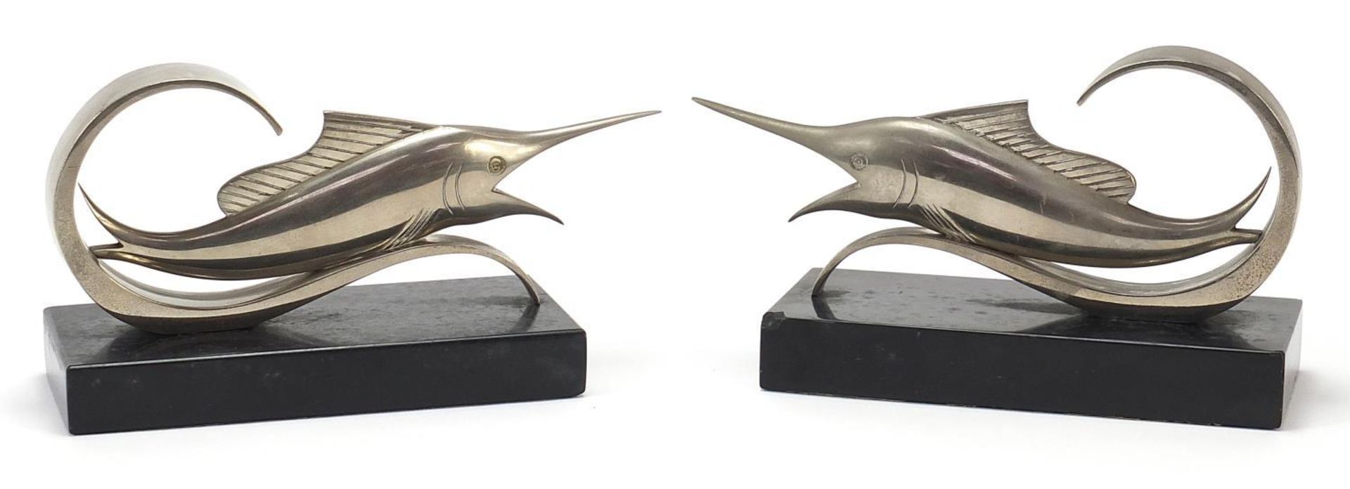 Pair of French Art Deco black slate and silvered metal swordfish bookends, each 18cm in length :