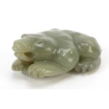 Chinese celadon jade carving of a mythical toad, 7cm in length :