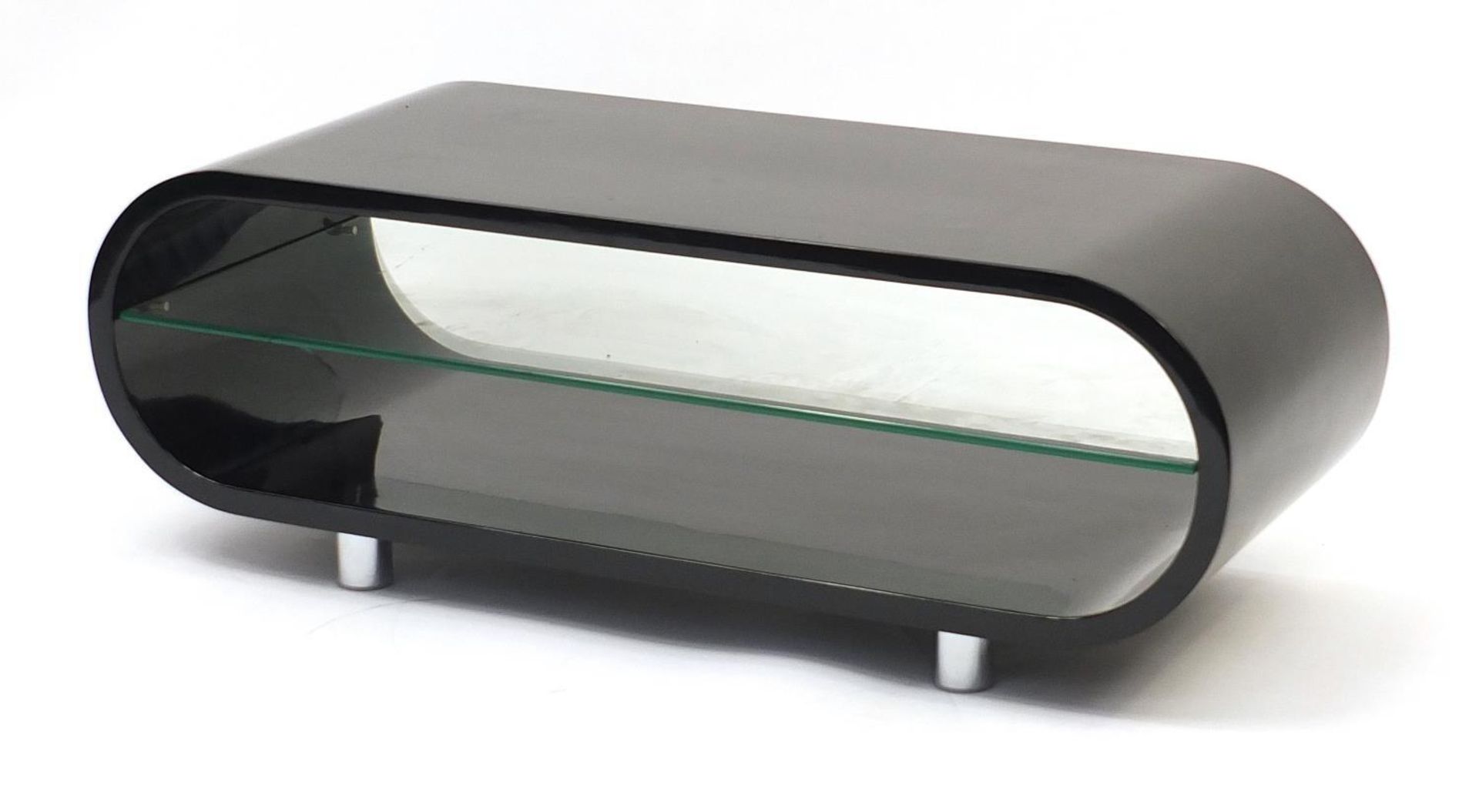Techlink black gloss TV stand with glass shelf, 34cm H x 94.5cm W x 39.5cm D :