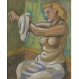 Semi nude female in an interior, pastel on paper, framed and glazed, 39cm x 32.5cm excluding the