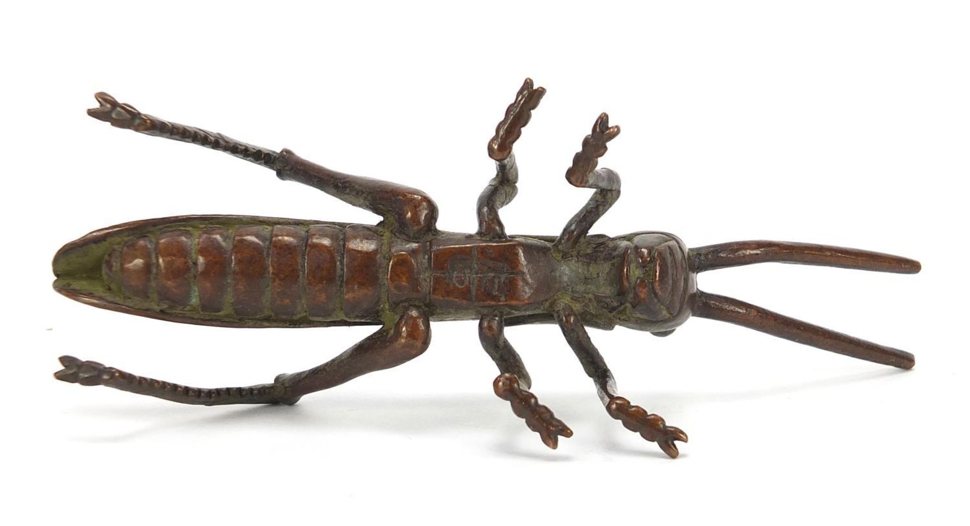 Japanese patinated bronze locust, impressed marks to the base, 11cm in length : - Image 7 of 8