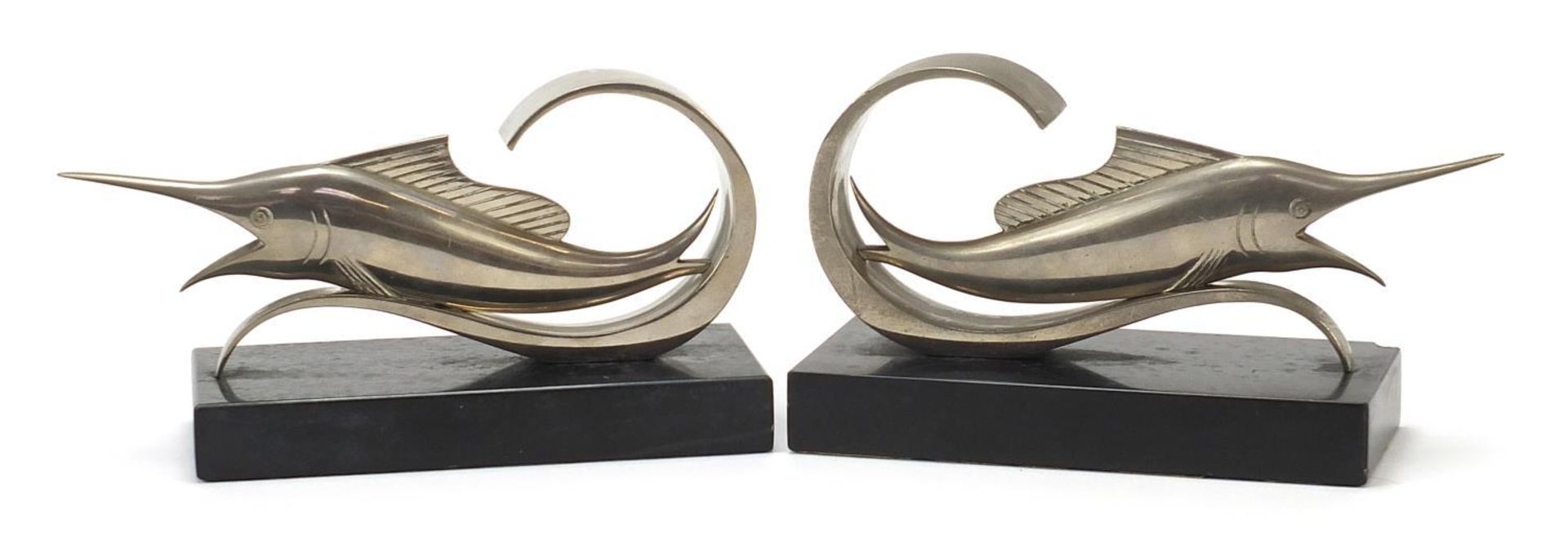 Pair of French Art Deco black slate and silvered metal swordfish bookends, each 18cm in length : - Image 2 of 3