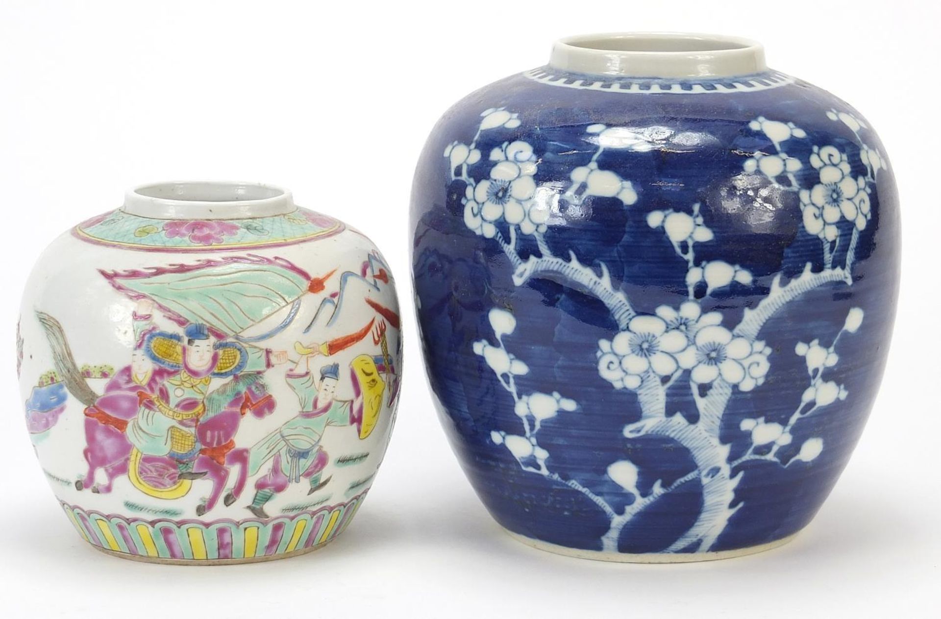 Two Chinese porcelain ginger jars comprising and example finely hand painted in the famille rose