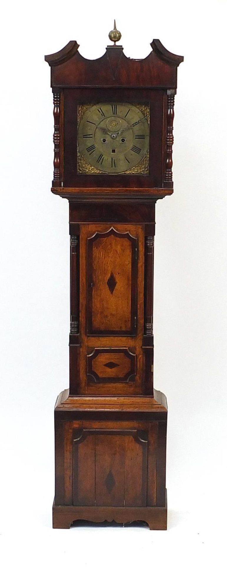 Early 19th century mahogany and oak longcase clock with brass face and subsidiary dial, the circular - Image 4 of 9