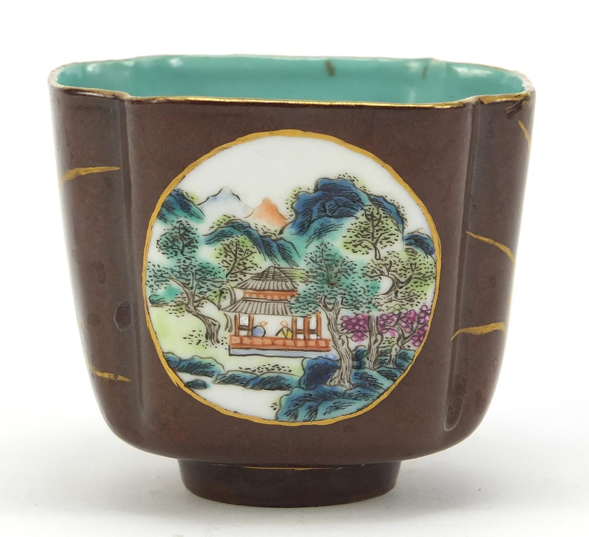 Chinese quatrefoil brown ground porcelain footed bowl hand painted with panels of landscapes and - Image 2 of 9