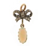 Antique unmarked gold cabochon opal and diamond pendant, 2.5cm high, 2.0g :