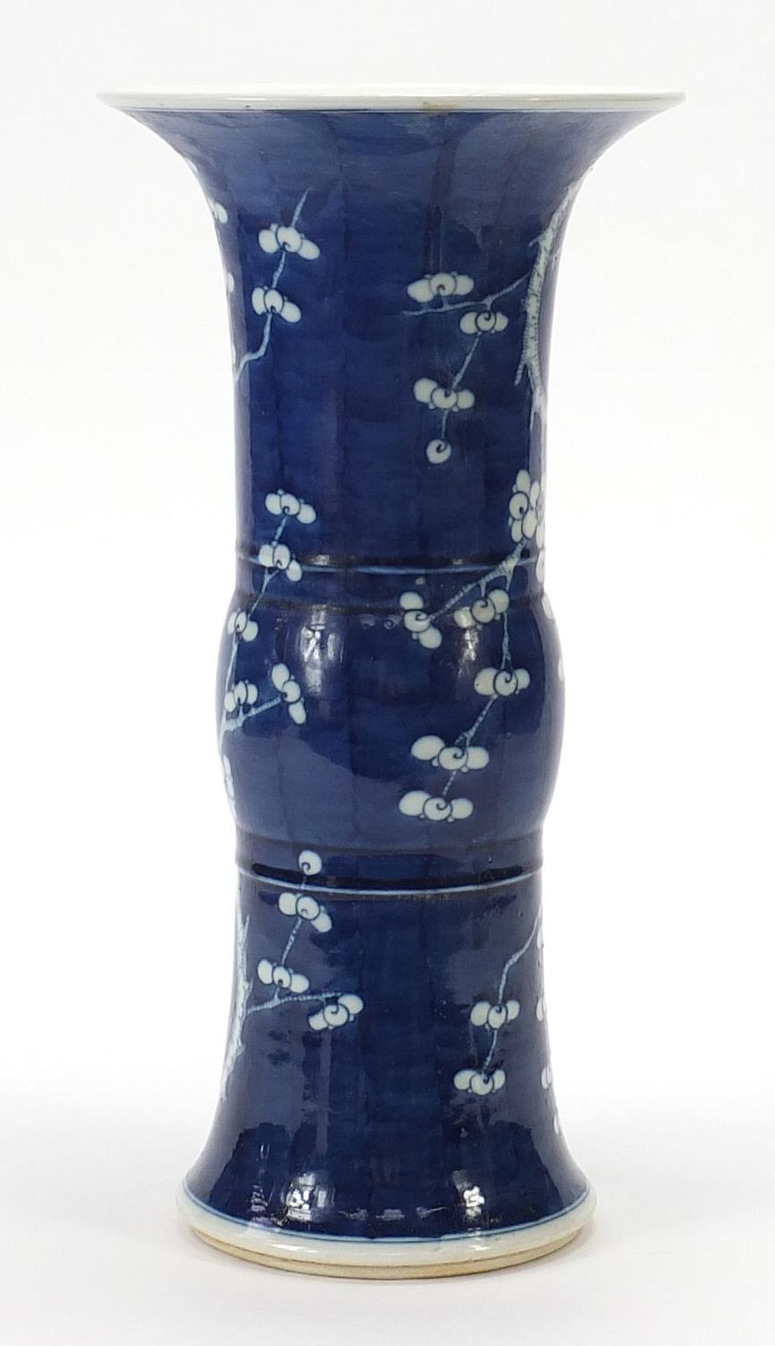 Large Chinese blue and white porcelain Gu beaker vase hand painted with prunus flowers, six figure - Image 2 of 8