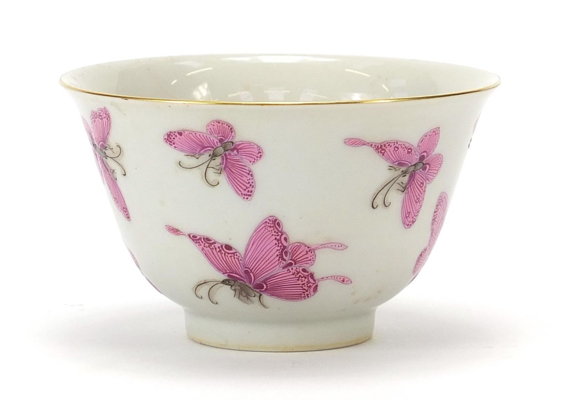 Good Chinese porcelain bowl finely hand painted in pink with butterflies, six figure character marks - Image 4 of 8