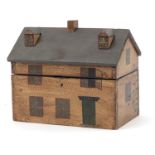 Hand painted wooden box in the form of a Georgian House, 23cm H x 26cm W x 17cm D :