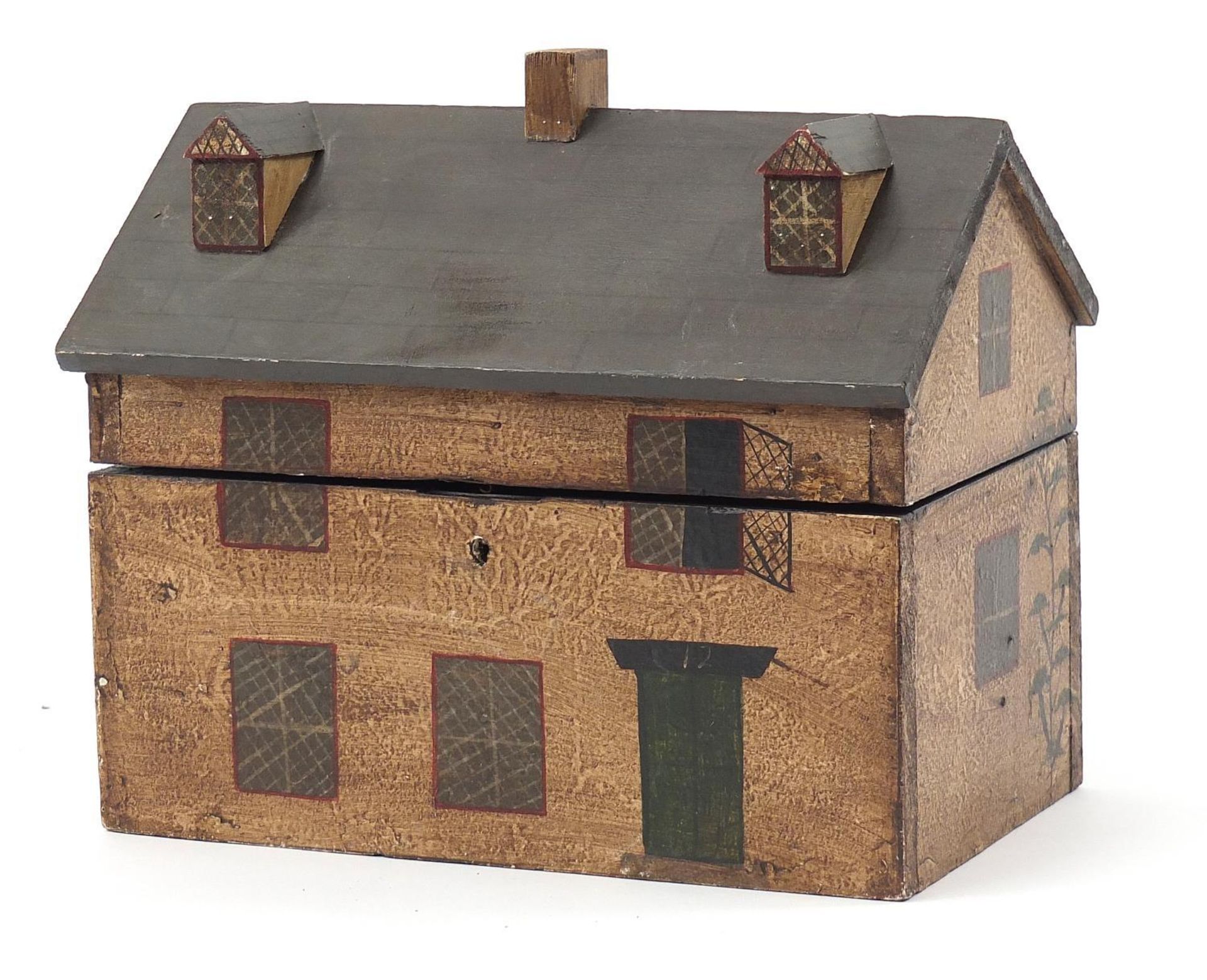 Hand painted wooden box in the form of a Georgian House, 23cm H x 26cm W x 17cm D :