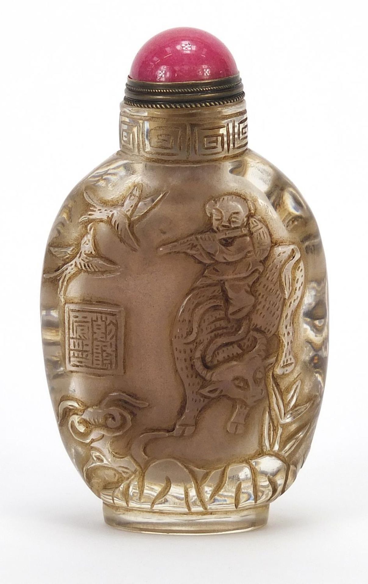Chinese rock crystal snuff bottle with hardstone stopper carved with figures and birds, 9.5cm high : - Image 3 of 6