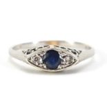 Art Deco unmarked white metal sapphire and diamond ring, size Q, 2.7g :