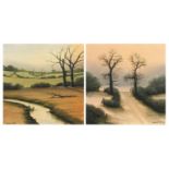 Michael Hill 1986 - Trees beside a river and one other, two oil on boards, mounted and framed,