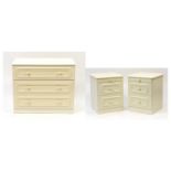 Contemporary cream three drawer chest and a pair of two drawer night stands with brushing slides,