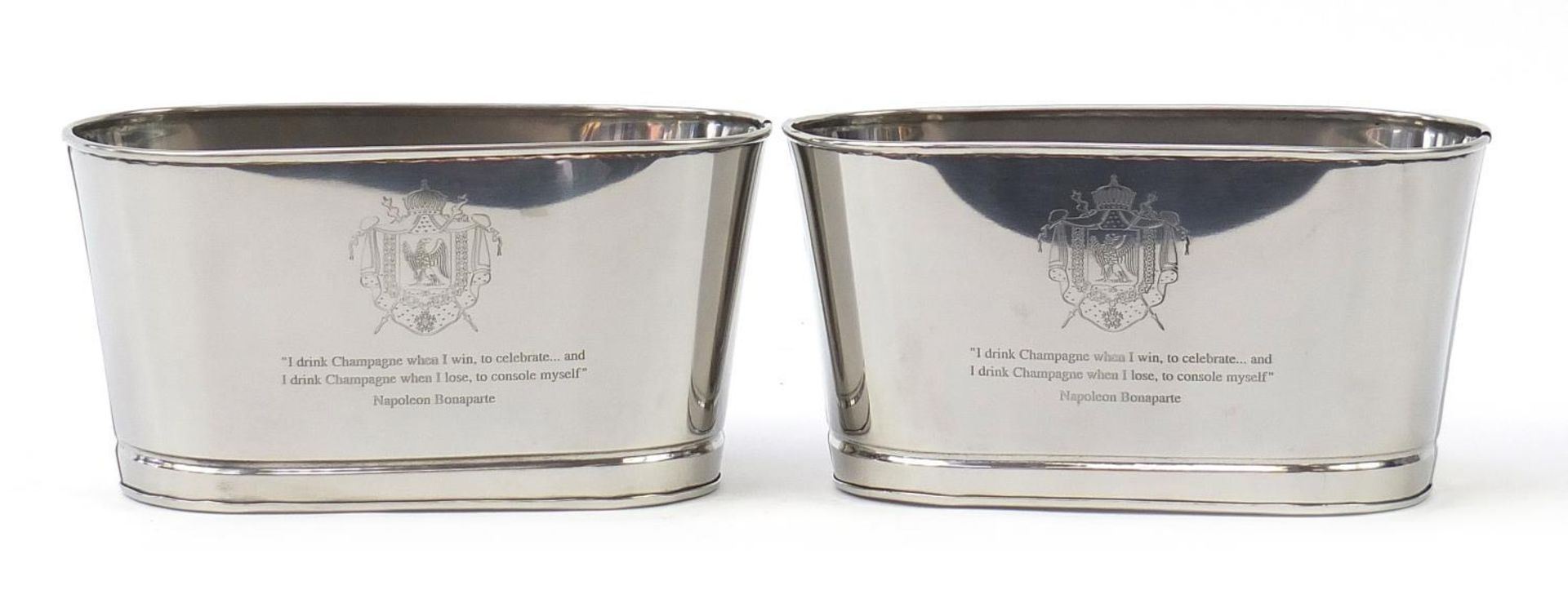 Pair of Champagne ice buckets with Lily Bollinger mottos, each 15.5cm H x 29.5cm W x 14.5cm D :