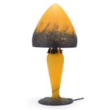 French mottled orange art glass mushroom table lamp with shade, 45.5cm high :