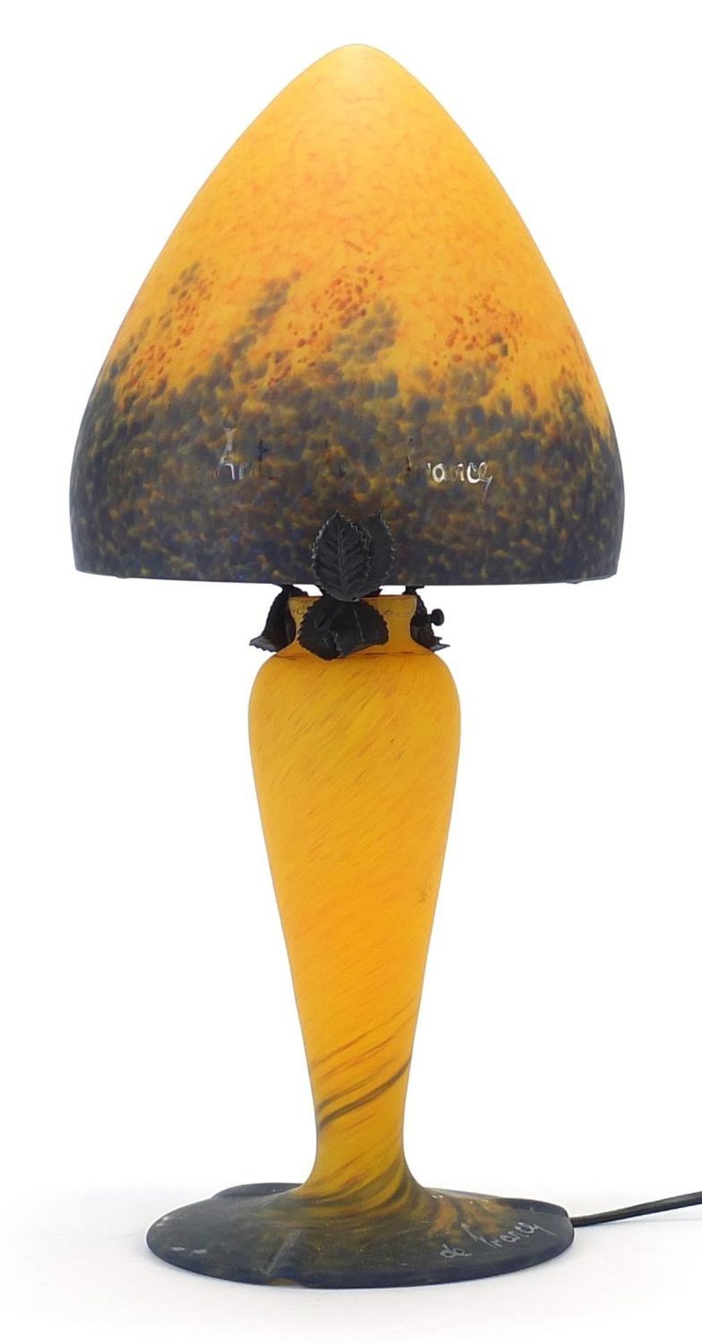 French mottled orange art glass mushroom table lamp with shade, 45.5cm high :