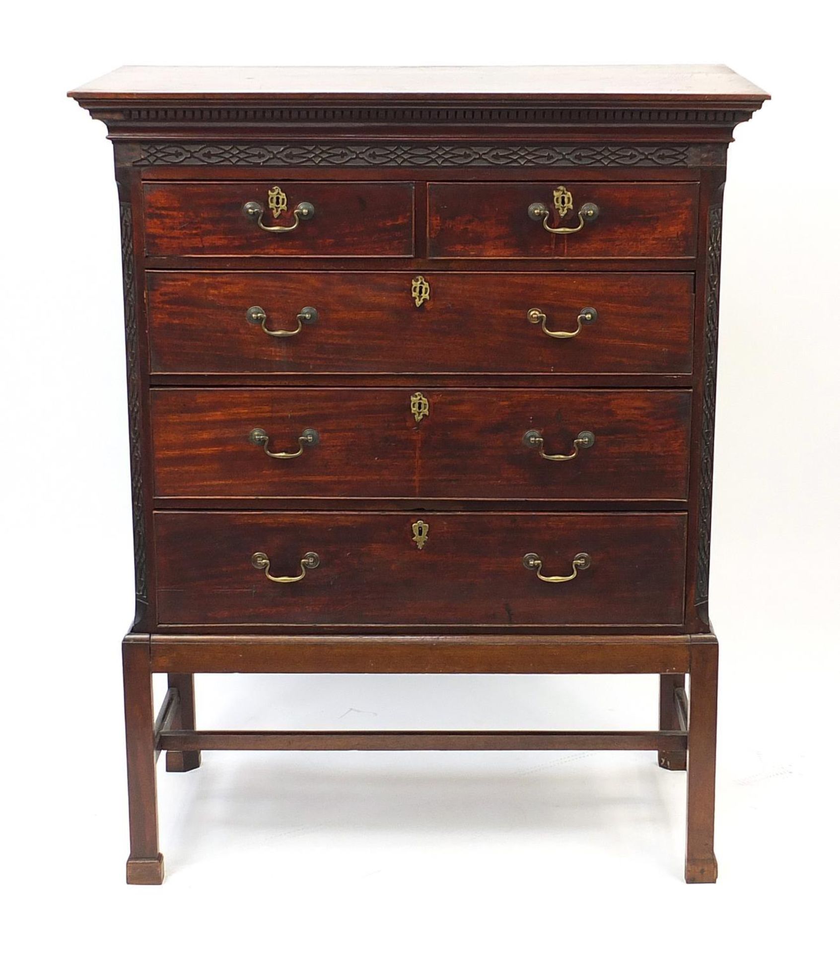 Antique mahogany five drawer chest on stand with blind fretwork, 147cm H x 116cm W x 57.5cm D : - Image 2 of 4