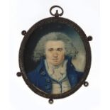 Georgian oval hand painted portrait miniature of a gentleman housed in a steel mourning pendant, the
