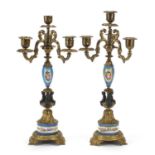 Pair of classical gilt metal and Sevres style four branch candelabras hand painted with flowers,
