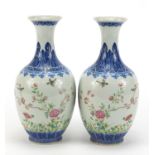 Pair of Chinese blue and white porcelain vases hand painted in the famille rose palette with birds