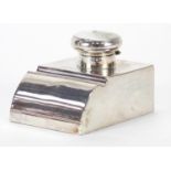 Edward VII silver desk stand with inkwell, pen rest and triple stamp case, indistinct maker's