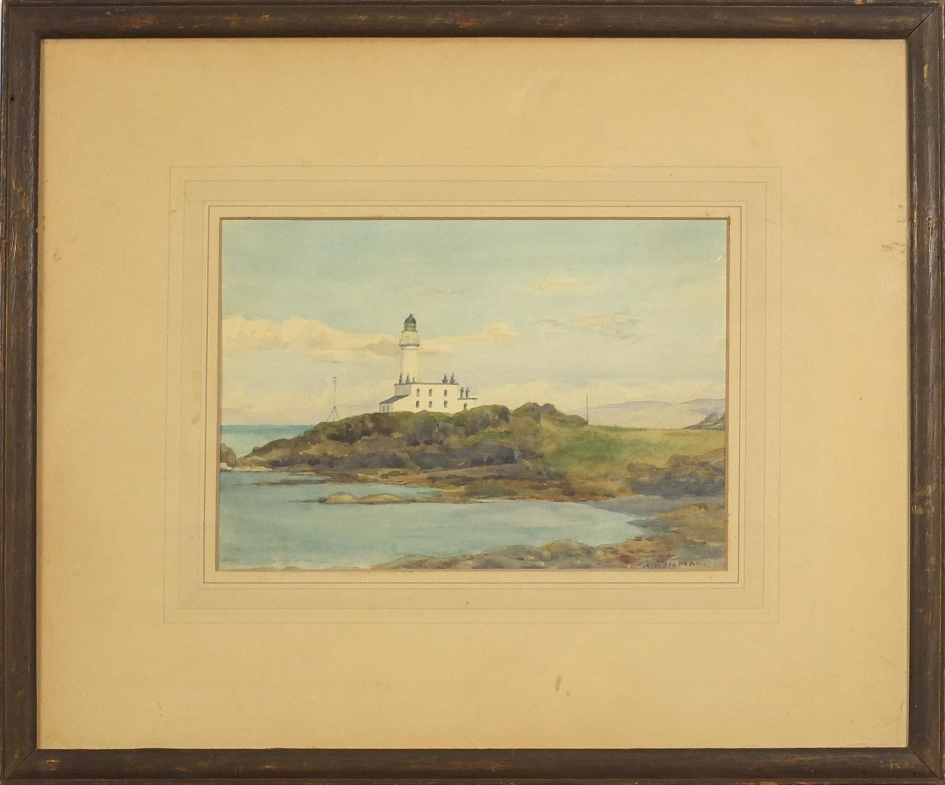 Henry Reid Inman - The lighthouse, Turnberry, signed watercolour, details verso, mounted, framed and - Image 2 of 5