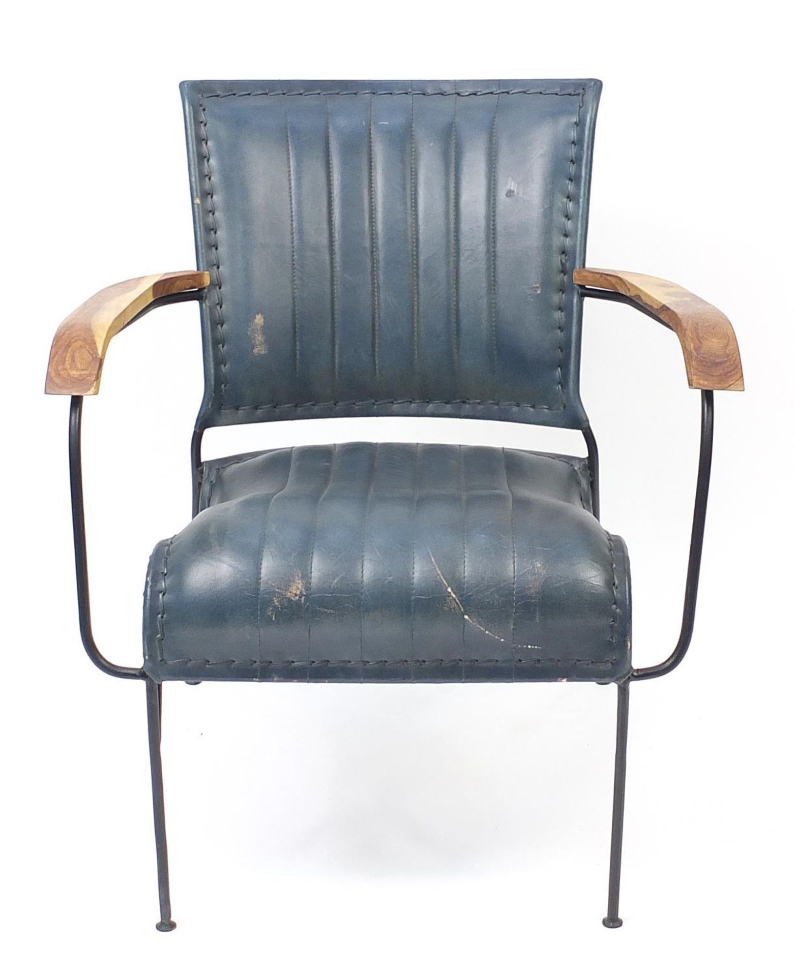 Industrial hardwood and leather design elbow chair, 75cm high : - Bild 2 aus 4
