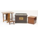 Occasional furniture including an Art Deco oak table, four legged stool and blanket box, the largest