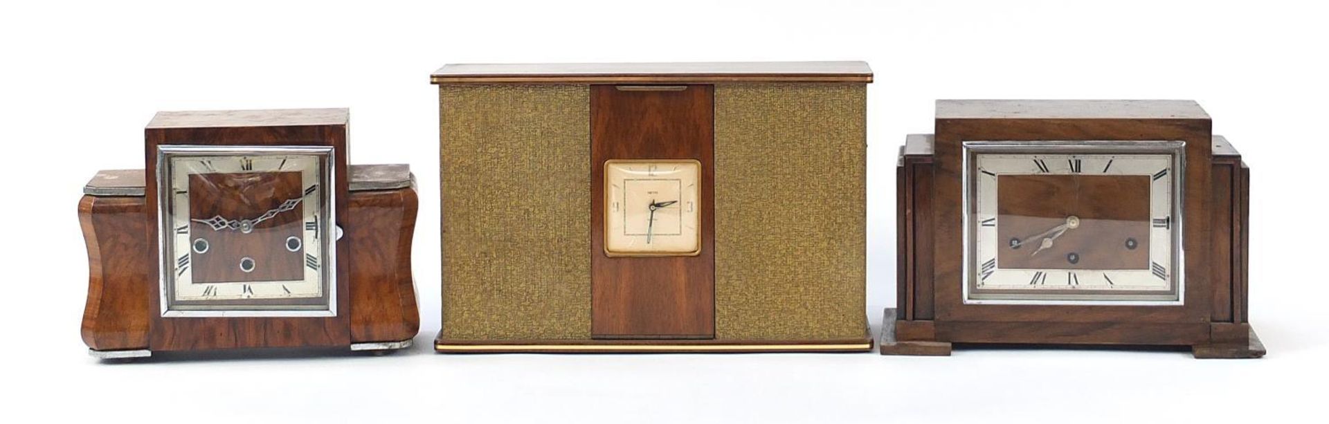 Two Art Deco Westminster chiming mantle clocks and a Smiths example, the largest 41.5cm wide :