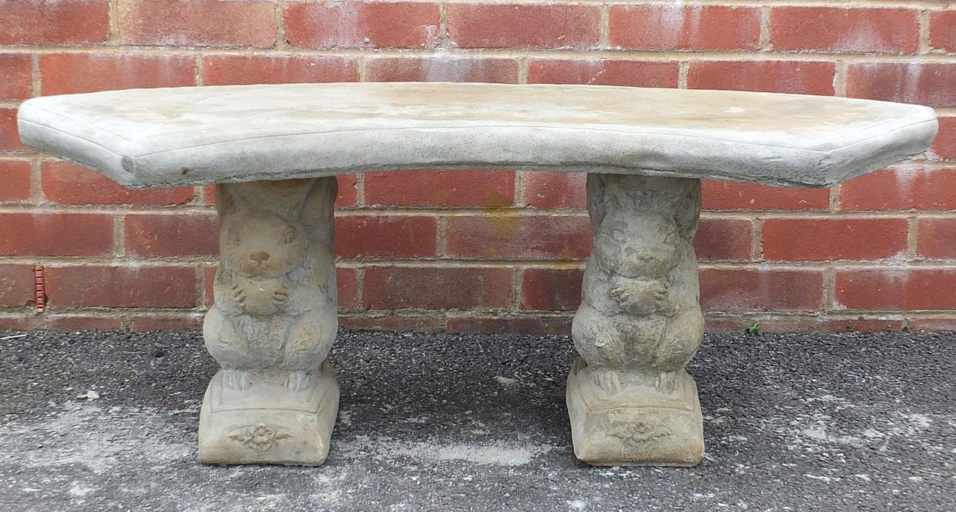 Stoneware garden bench with squirrel supports, 43cm high x102cm wide :