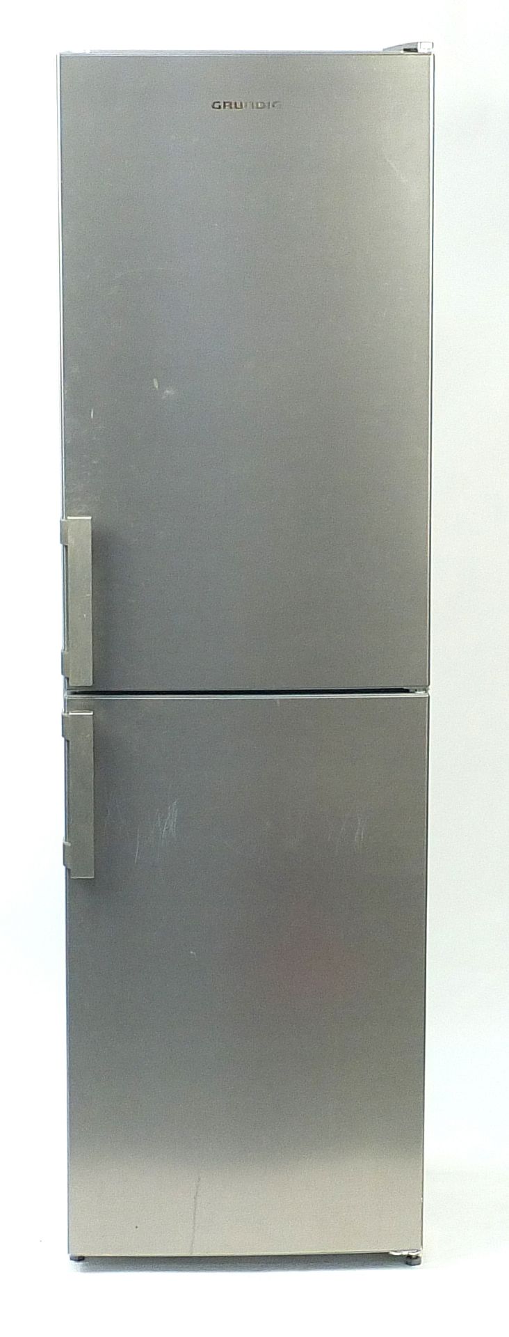 Silver Grundig fridge freezer, model GKF15810N, 181cm H x 54cm W x 56cm D