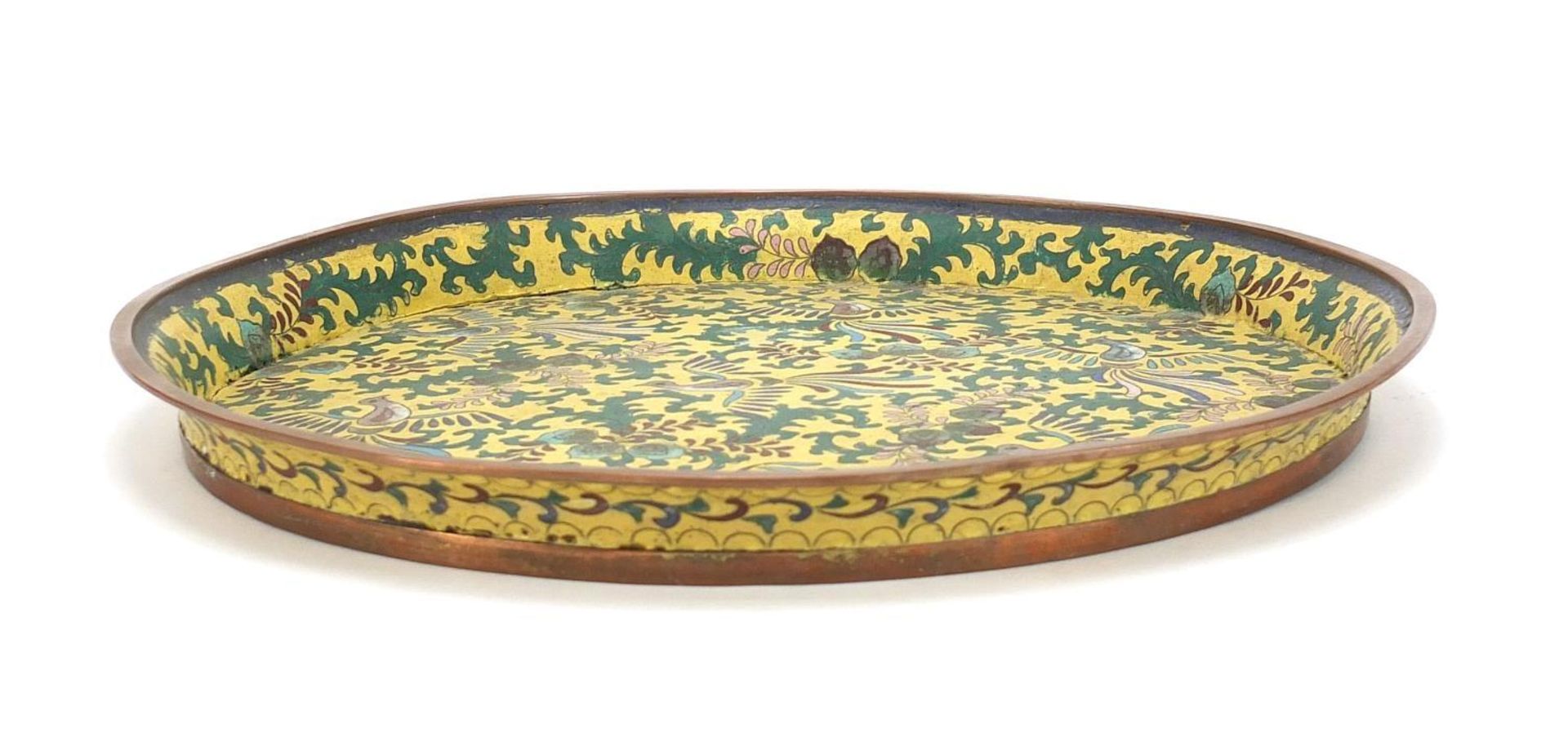 Chinese cloisonne serving tray enamelled with birds amongst foliage, character marks to the - Image 4 of 6