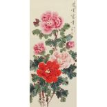 Chrysanthemums, Chinese watercolour wall hanging scroll with calligraphy and red seal marks, 102cm x