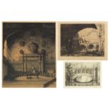 Four pencil signed black and white etchings including Bridges of Light St John's Cambridge by M