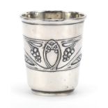 Continental Art Nouveau silver whiskey Wee Dram cup with gilt interior, impressed marks to the base,