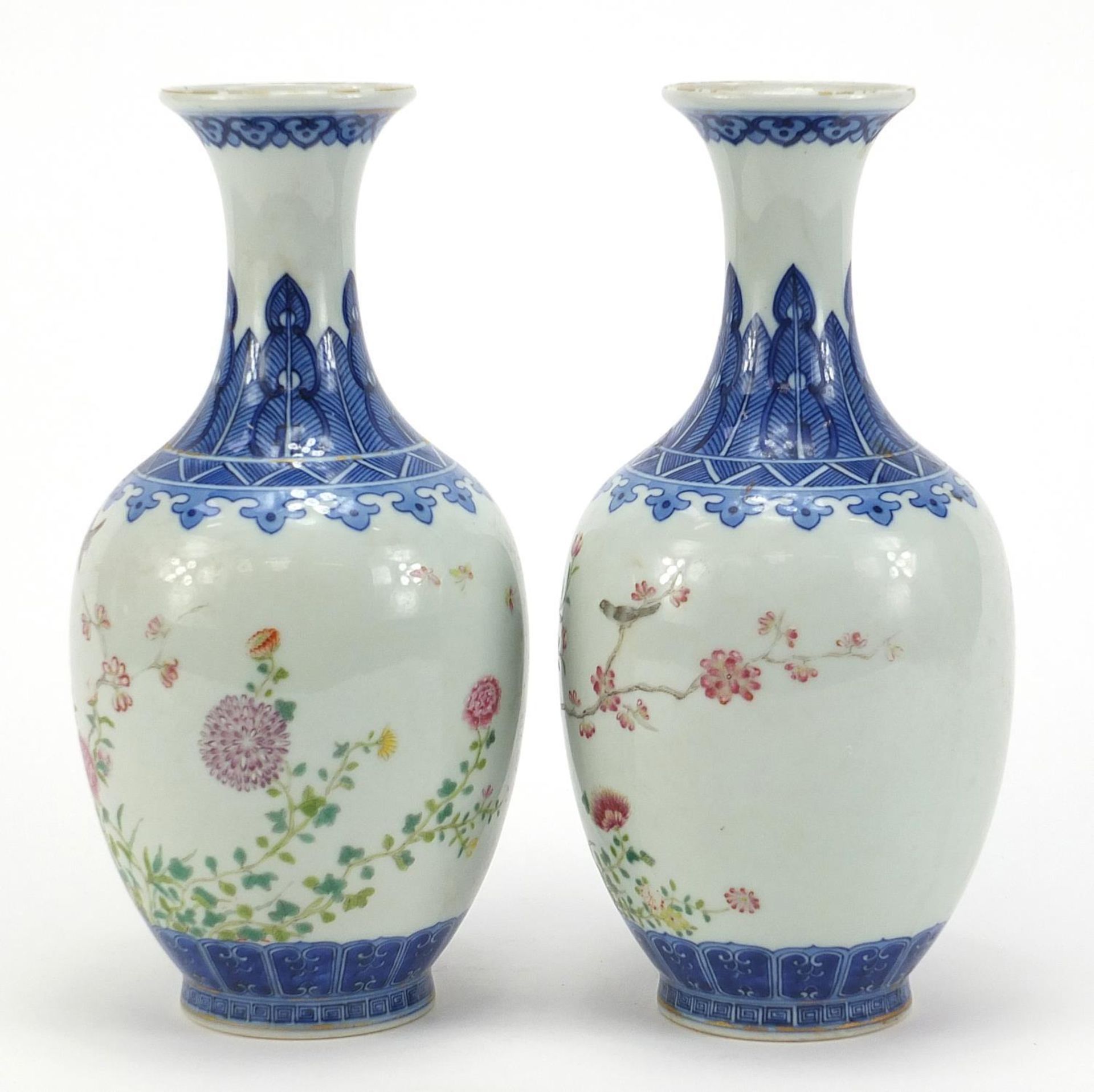 Pair of Chinese blue and white porcelain vases hand painted in the famille rose palette with birds - Image 2 of 10