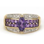 9ct gold amethyst diamond cocktail ring, size N, 3.6g :