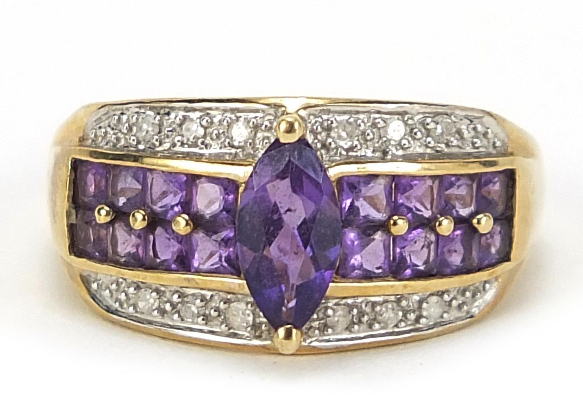 9ct gold amethyst diamond cocktail ring, size N, 3.6g :