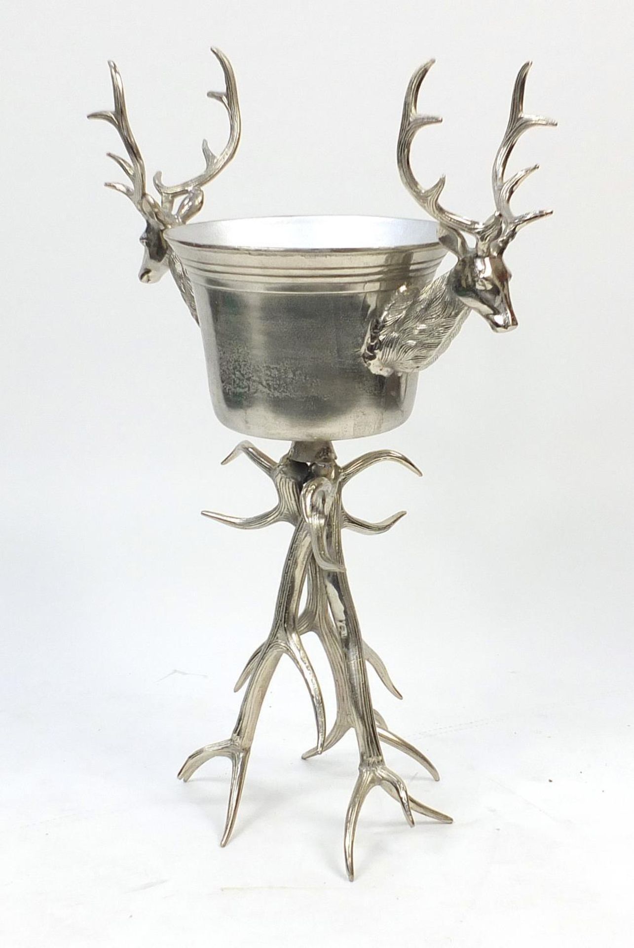 Silvered staghorn design floor standing ice bucket with stag's heads, 104.5 high x 70cm wide : - Image 2 of 4