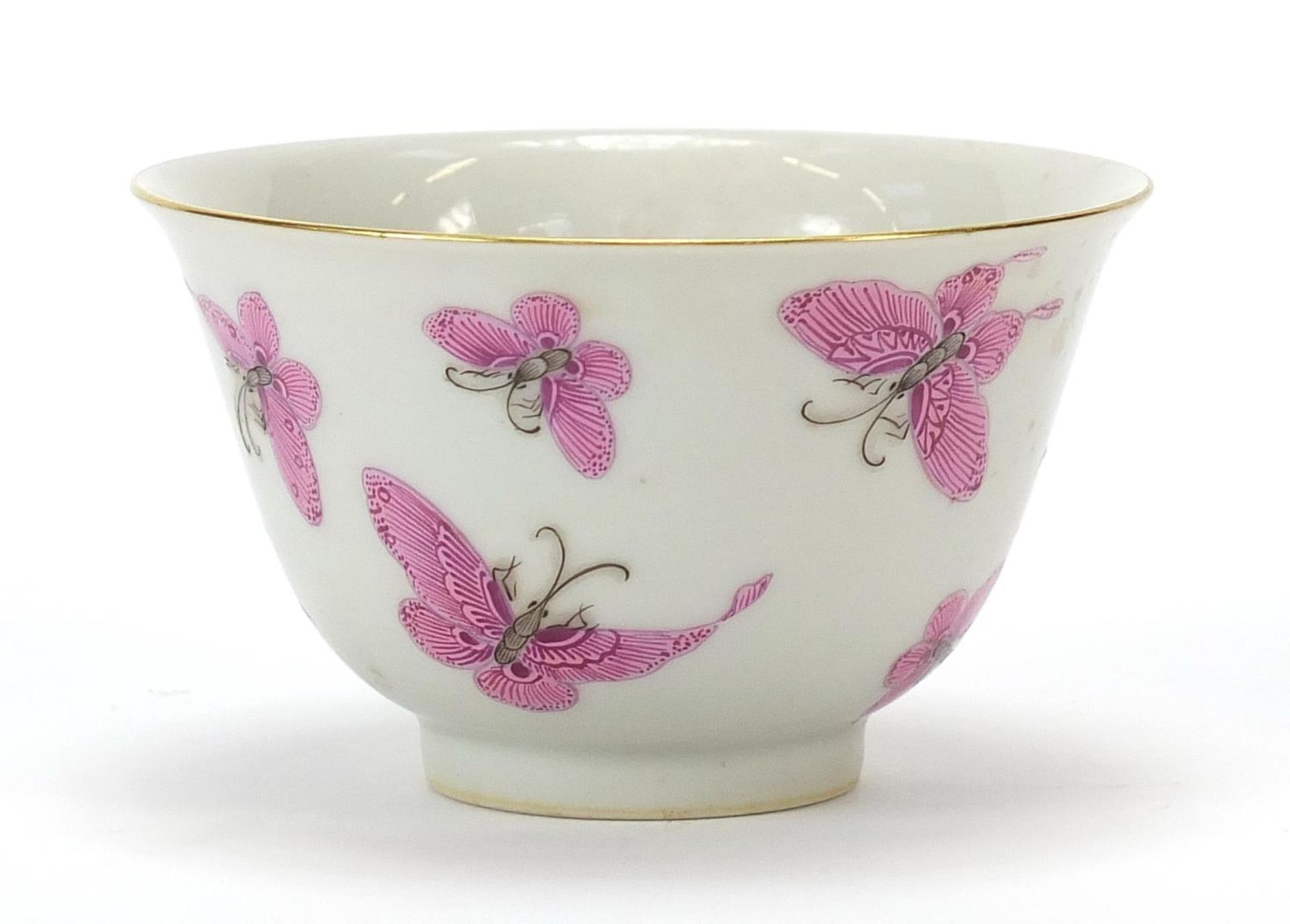 Good Chinese porcelain bowl finely hand painted in pink with butterflies, six figure character marks - Image 3 of 8