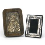 Miniature silver easel photo frame and silver mounted icon, the largest 9.5cm high :