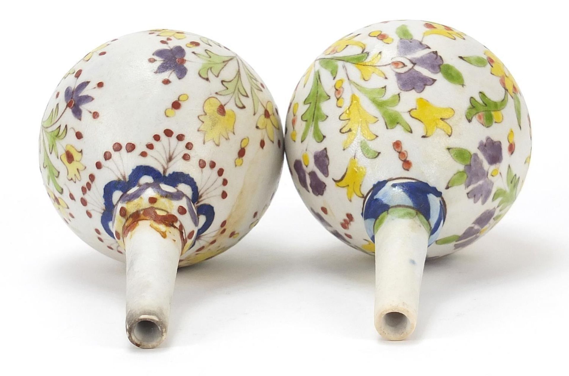 Pair of Islamic rosewater sprinklers hand painted with flowers, each 15.5cm high : - Image 3 of 4