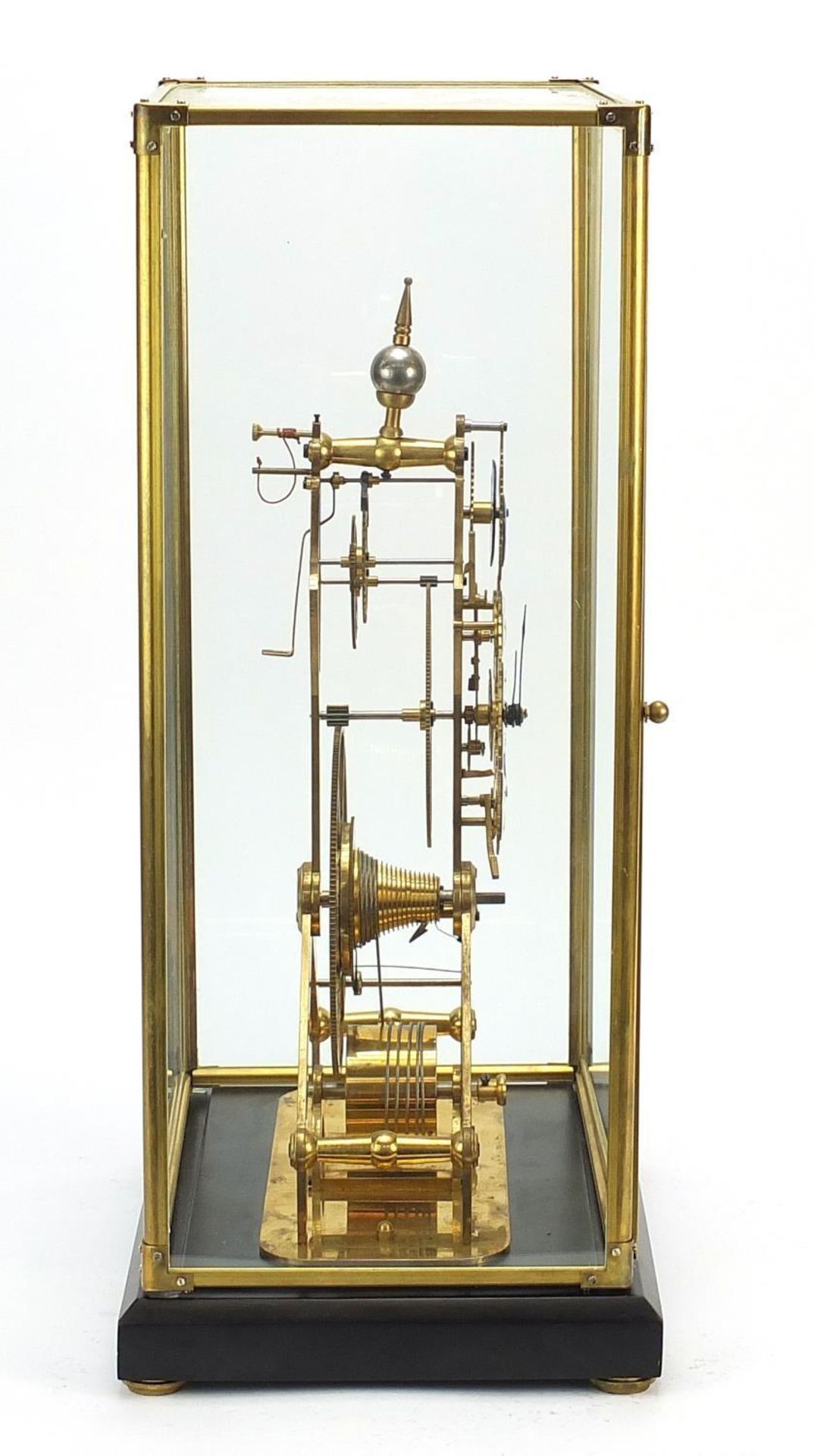 Gothic style brass skeleton clock with moon face dial and glass display case, with key and pendulum, - Image 4 of 6