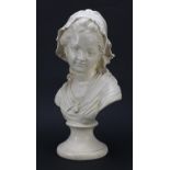 Antique style plaster bust of a young female wearing a bonnet, 45cm high :