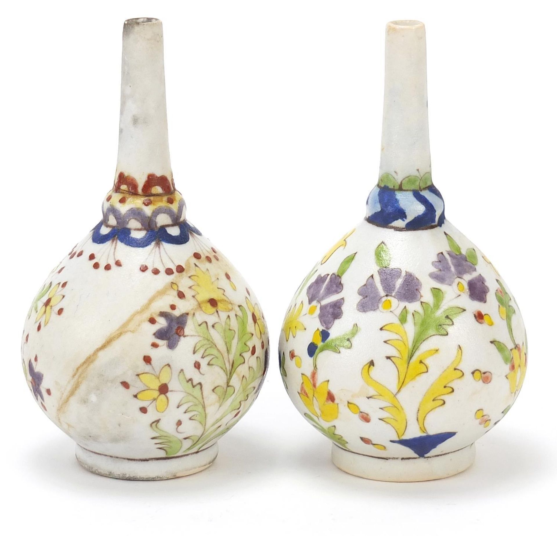 Pair of Islamic rosewater sprinklers hand painted with flowers, each 15.5cm high : - Image 2 of 4
