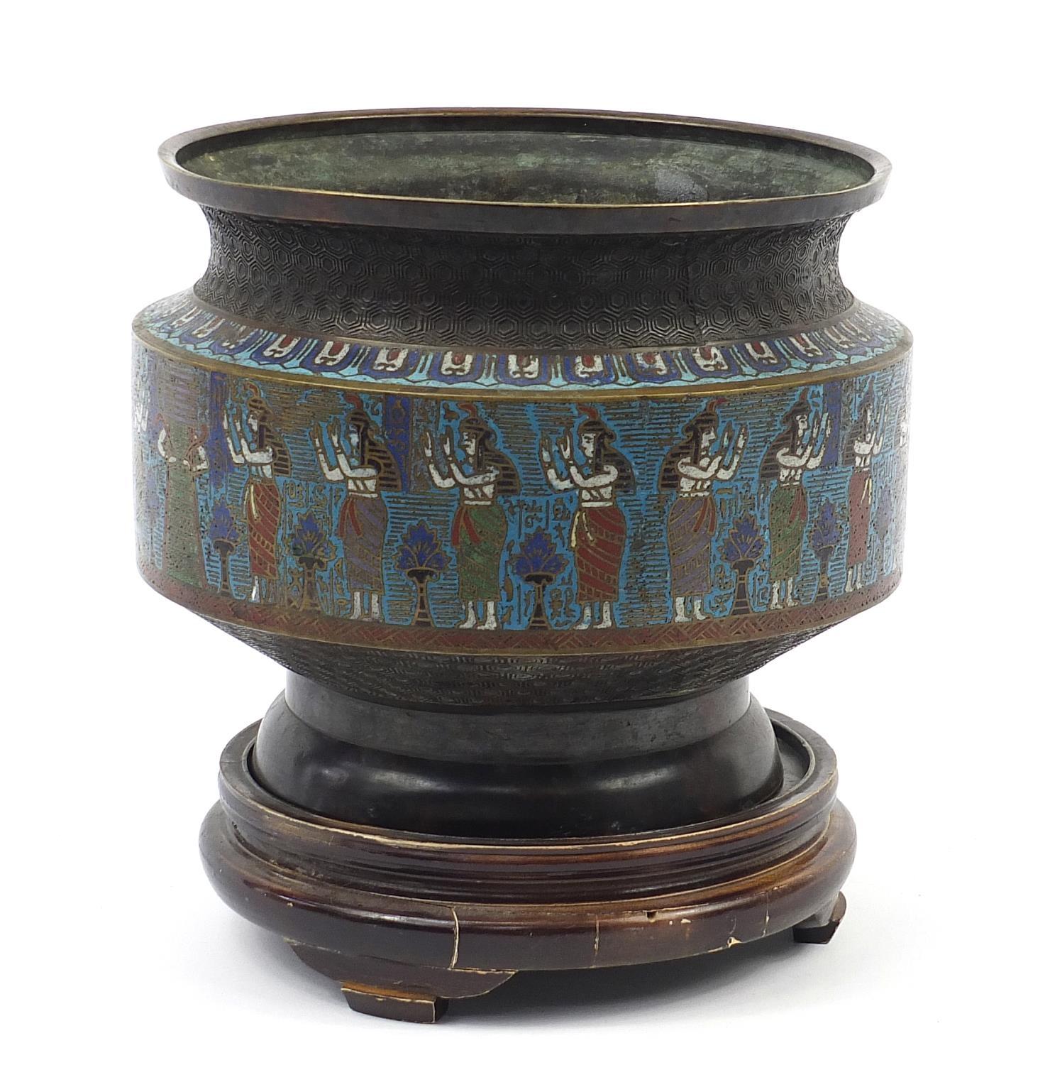 Large Chinese Egyptian revival cloisonné planter on carved hardwood stand, overall 30.5cm high x - Image 2 of 8