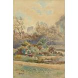 P Harrison 1884 - Pond and bushes by a town, signed watercolour, mounted, framed and glazed, 26.